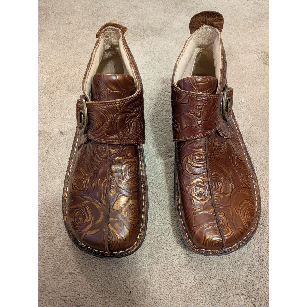 Alegria CAT-572 Rose Embossed Leather Ankle Boots Brown Gold Metallic Womens 37